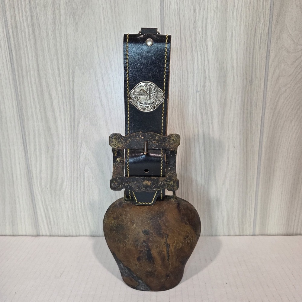 Vintage Swiss Large Cow Bell Hand Forged Iron W/ Strap Bavarian